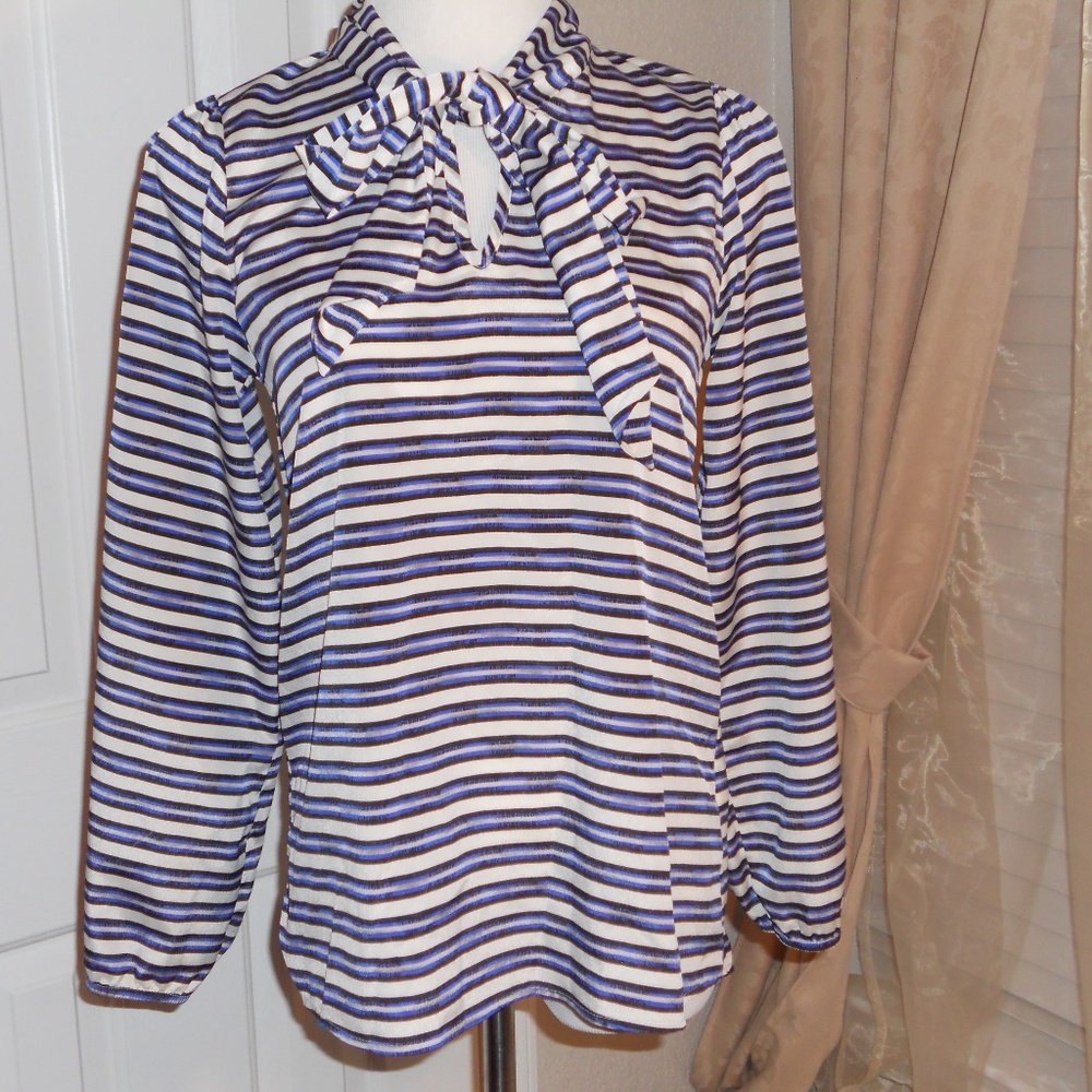 Women's blouse with bow tie attached. blue, white,